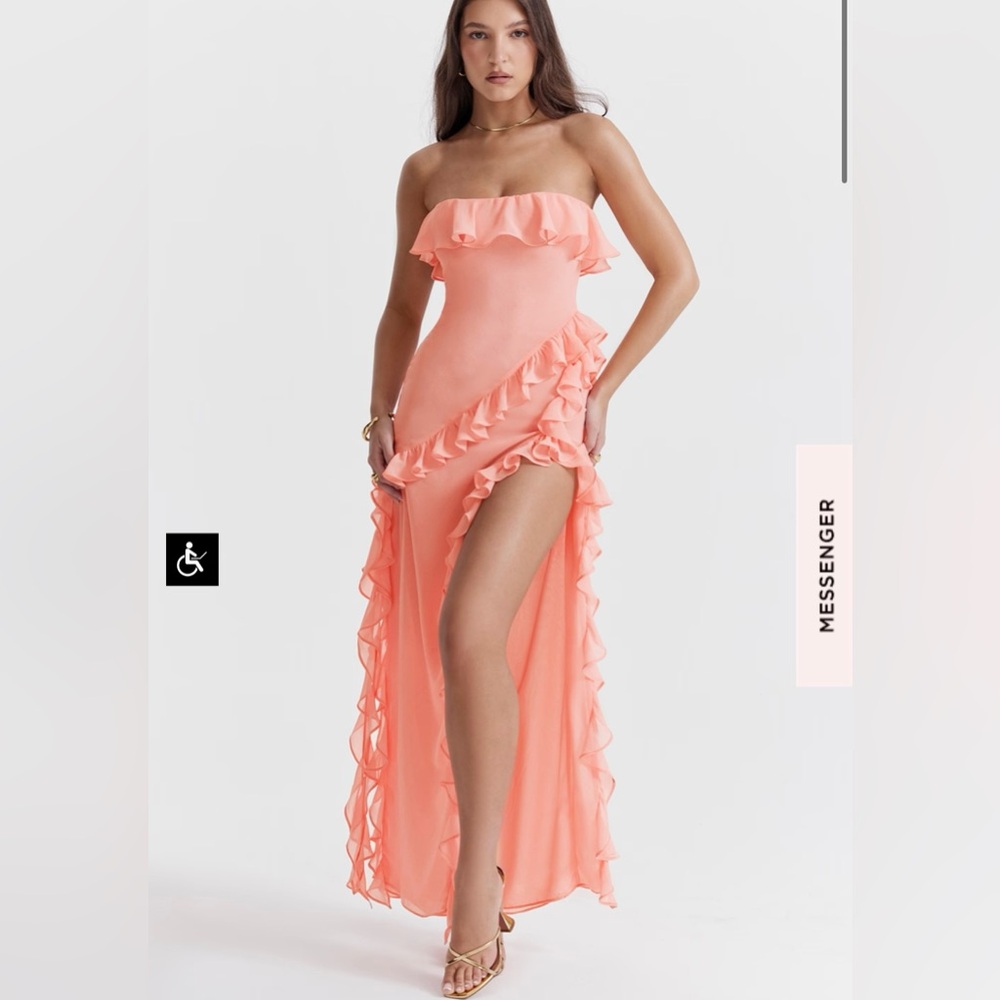 House of CB Sarina ruffle strapless dress in the color apricot